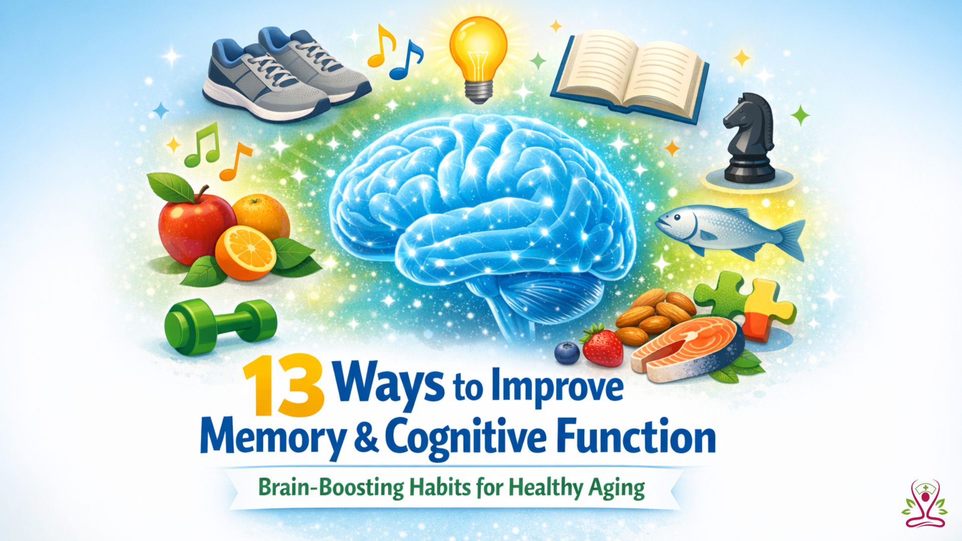 Illustration representing brain health, memory improvement, and cognitive function through physical activity, mental stimulation, and healthy aging habits