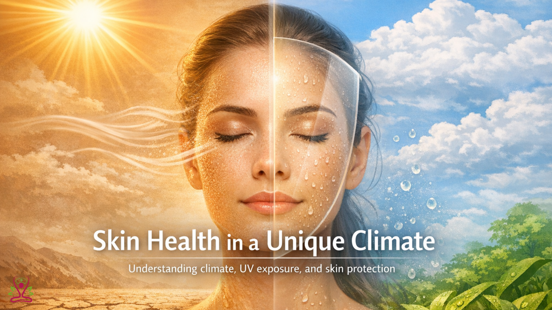 Skin health and skincare protection illustrated across different climate conditions including sun and cloud exposure