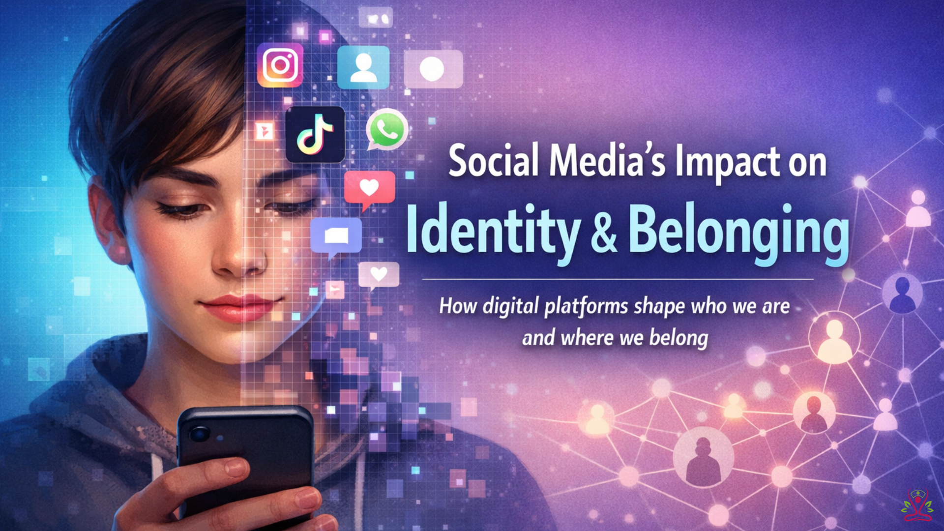 A person surrounded by social media icons and digital connections, representing social media’s impact on identity formation and sense of belonging.