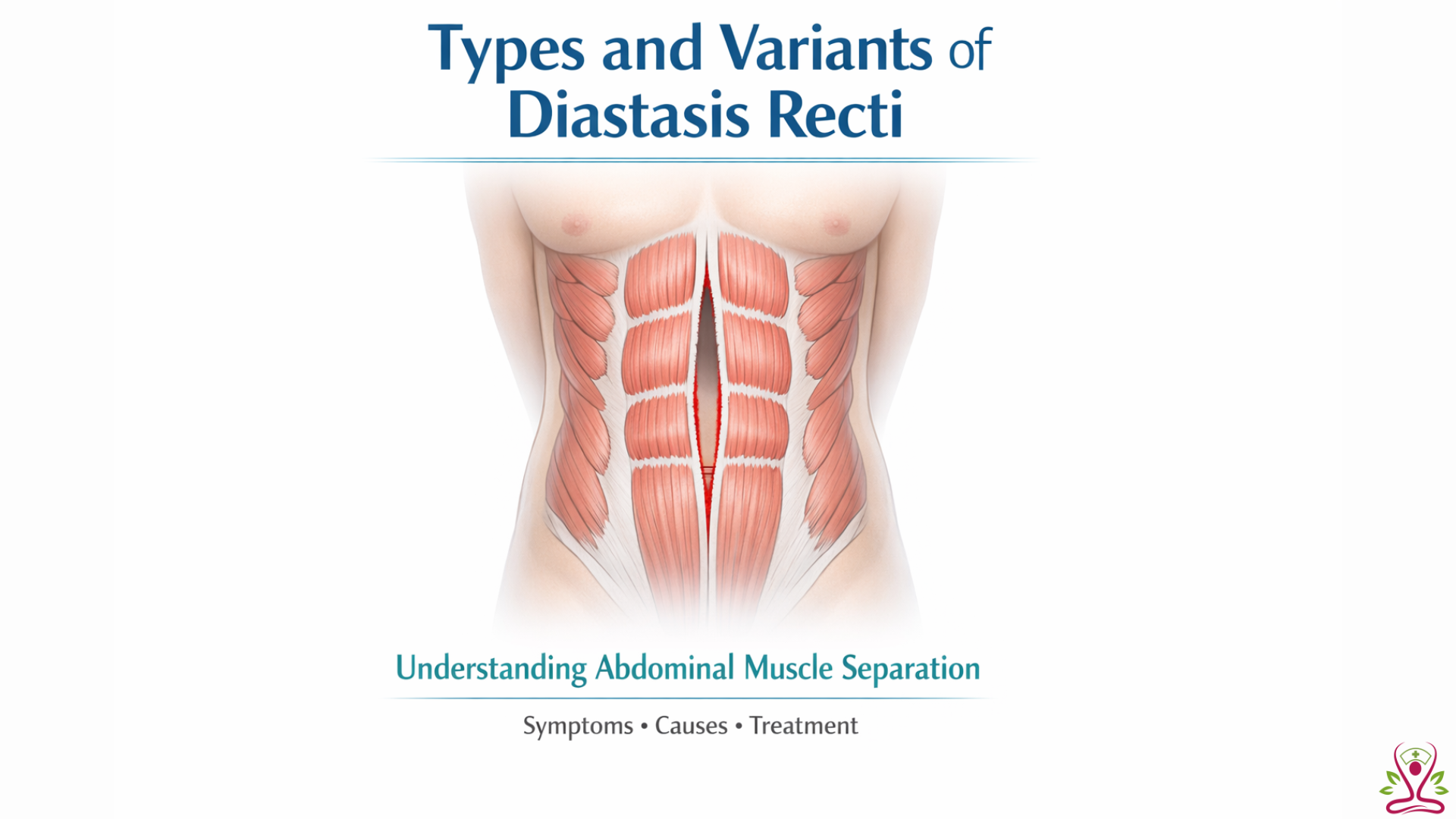 Medical illustration showing types and variants of diastasis recti with abdominal muscle separation along the midline