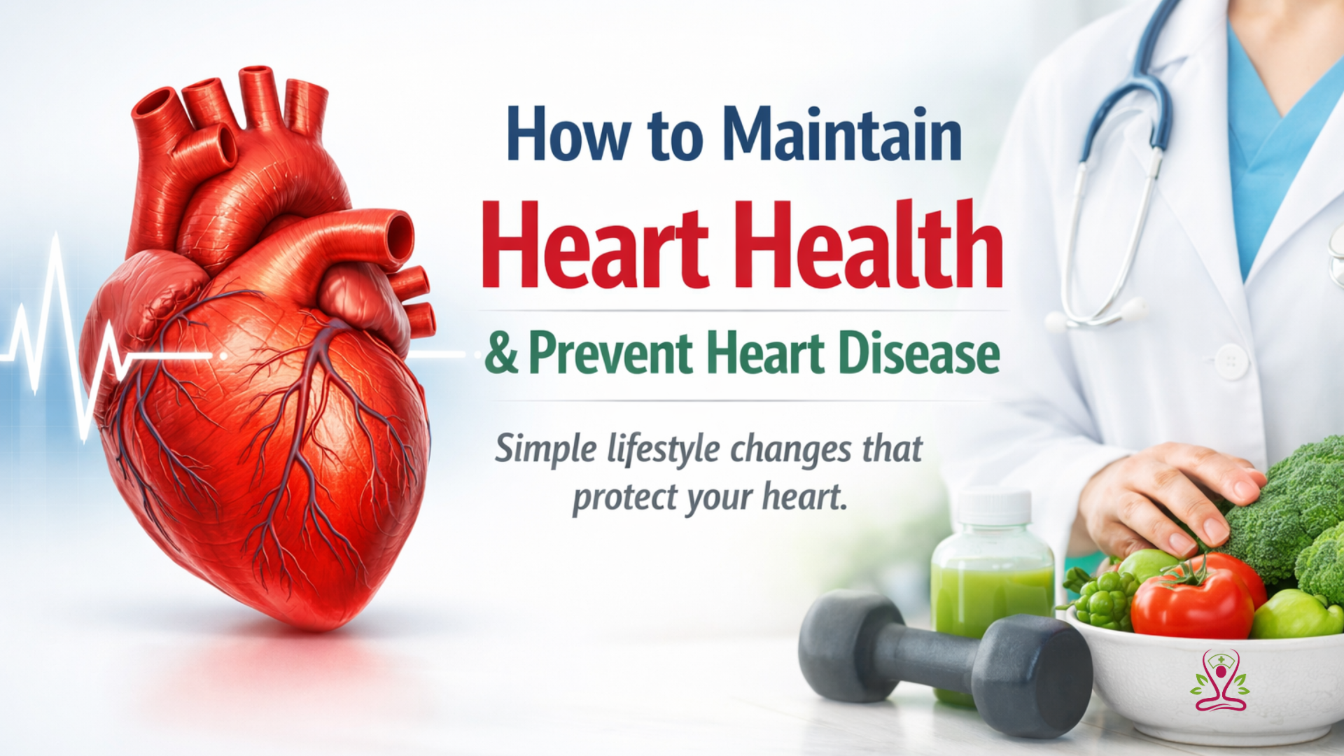 A healthy human heart with medical elements representing how to maintain heart health and prevent heart disease through lifestyle and diet.