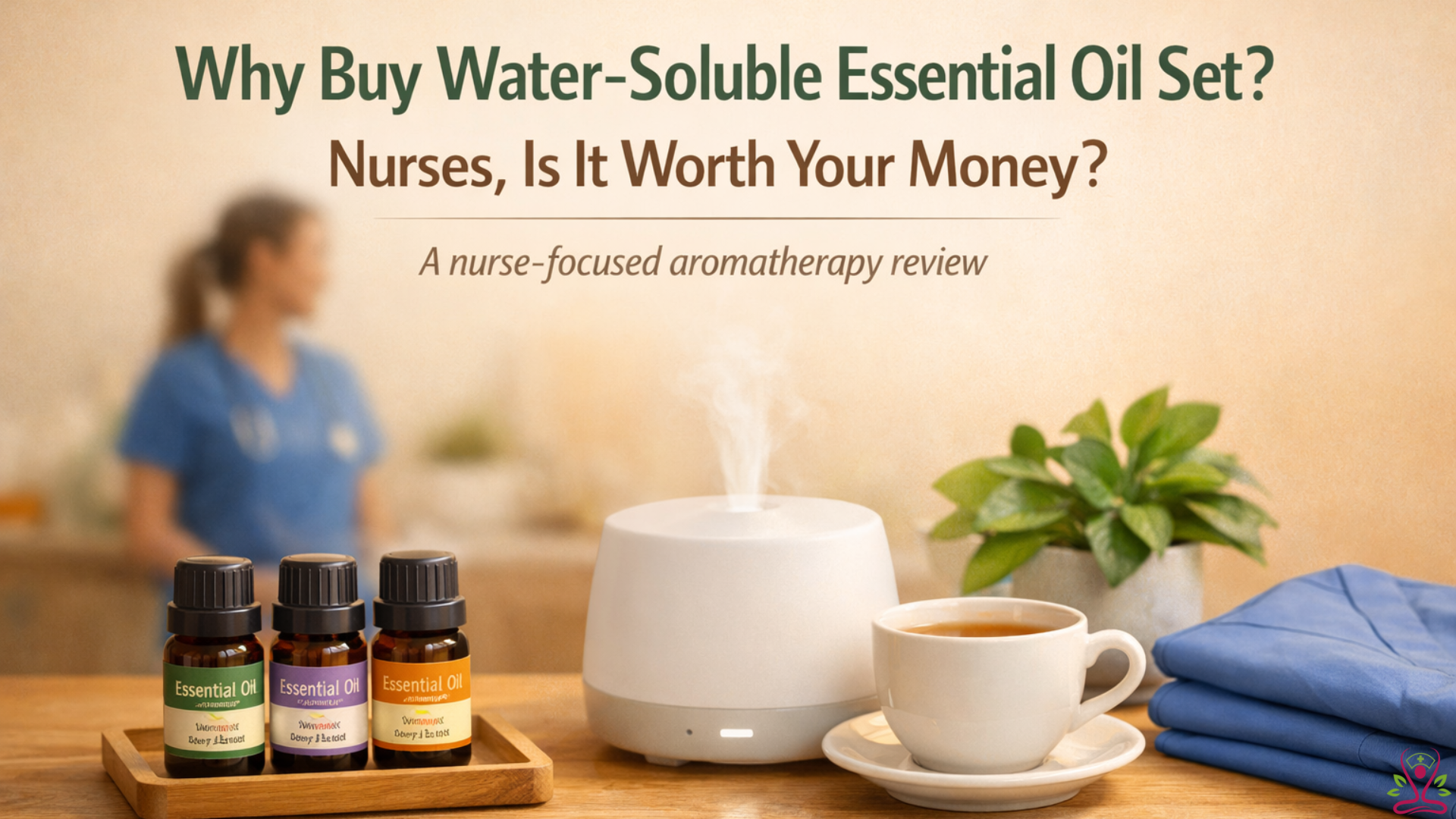 Water-soluble essential oil set with diffuser creating a calming aromatherapy space for nurse wellness and stress relief