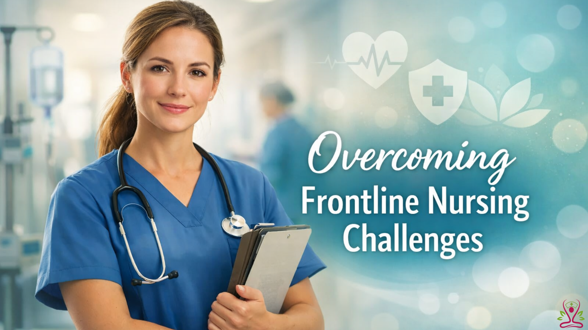 Frontline nurse in a hospital setting representing resilience, stress management, and wellness tips for frontline nurses