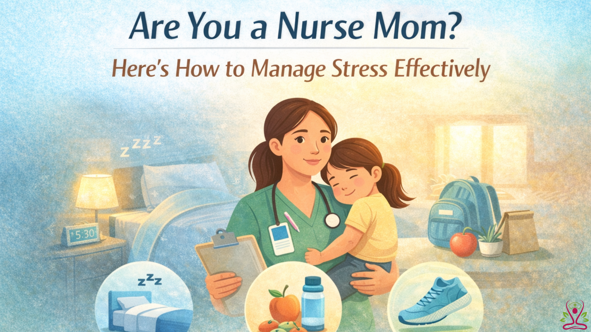 Nurse mom balancing work and family while practicing stress management through sleep, healthy eating, and exercise