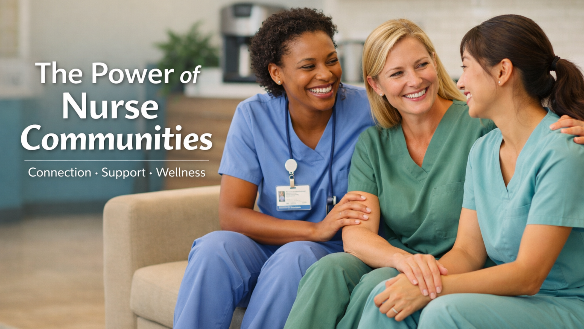 Group of nurses in scrubs connecting during a break, representing community, support, and wellness in nursing
