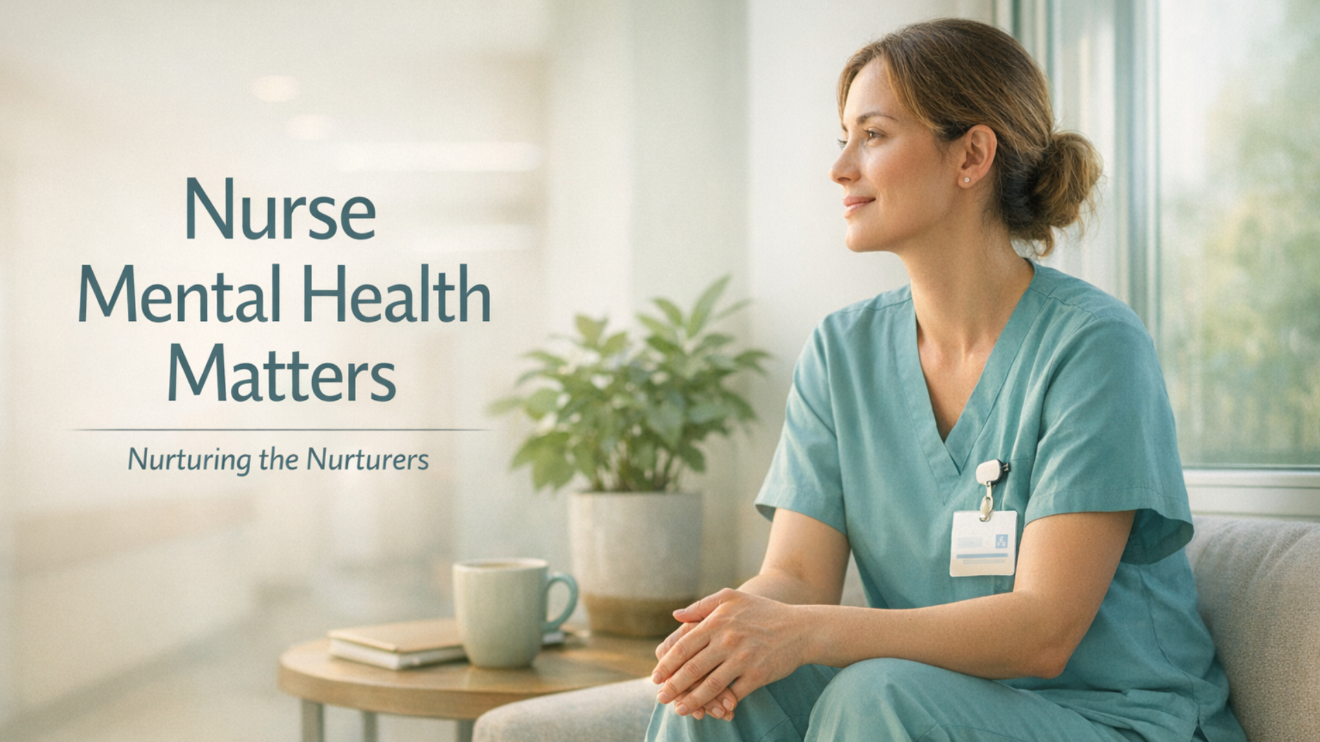 Calm nurse in scrubs taking a reflective break, representing mental health support and resilience in nursing