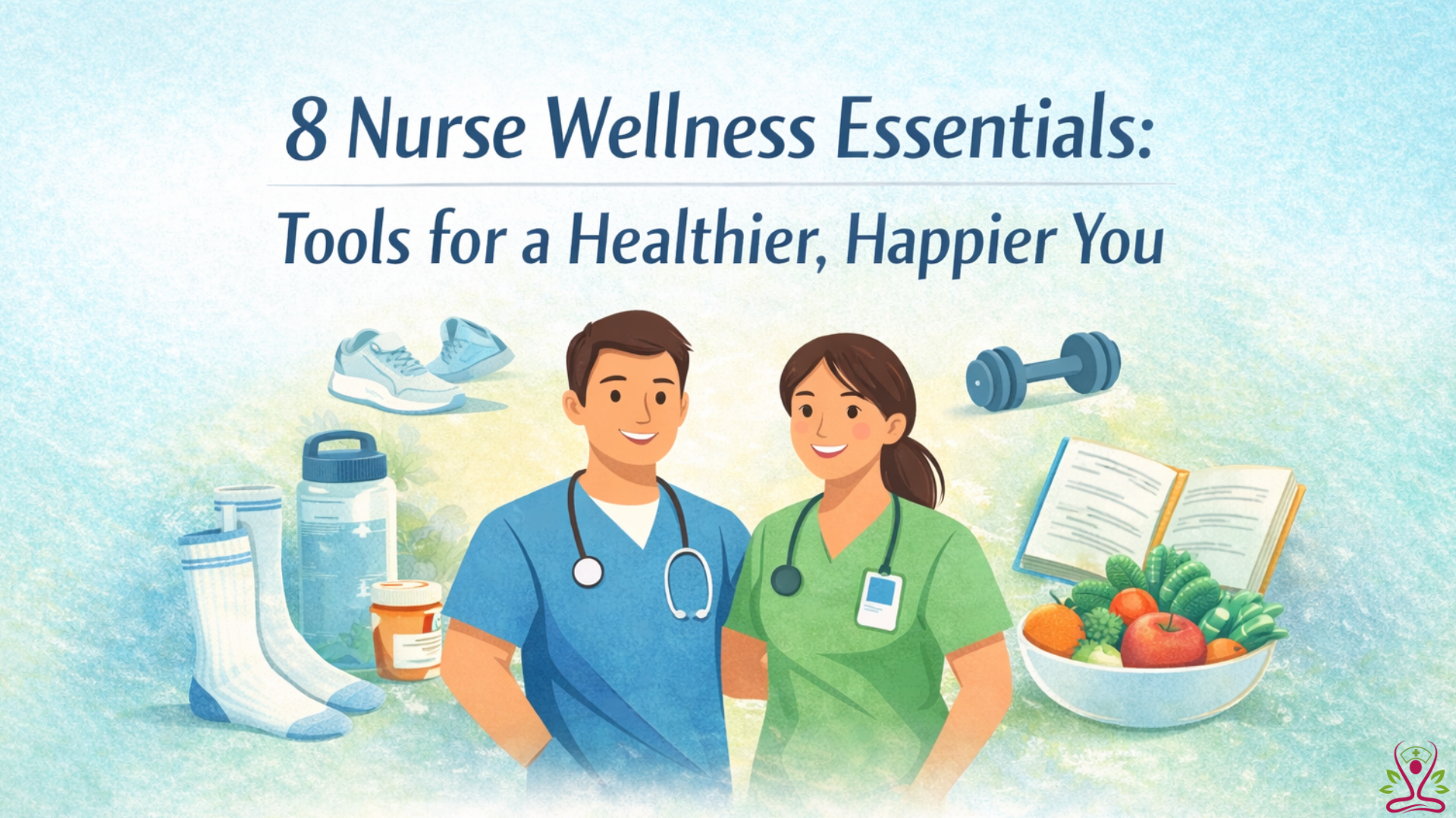 Nurses with wellness essentials including comfortable shoes, compression socks, healthy food, fitness tools, and self-care items supporting nurse wellness and burnout prevention.